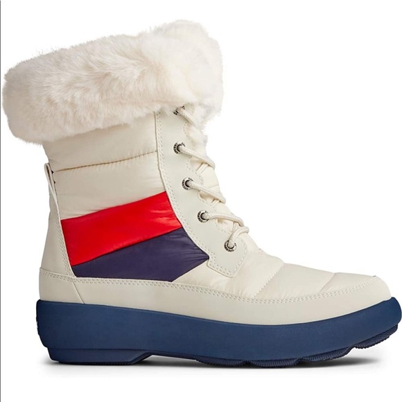 NWT - Sperry Women's Bearing Plushwave Boots Nautical Stripe Nylon Snow - Picture 2 of 6